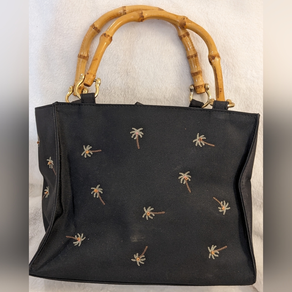 Hot Vintage 1980s Embroidered Palm Purse with Beads & Bamboo Double Handles